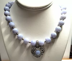 Designer Judith Ripka Sterling Silver Blue Lace Agate CZ Heart Pendant Necklace - Picture 1 of 4