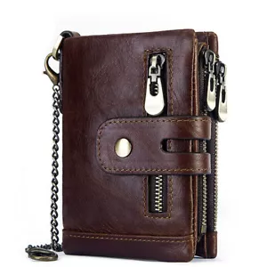 Men's RFID Blocking Wallet Genuine Leather Purse Card Slots Coins Holder Chain - Picture 1 of 8