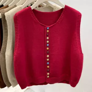 Lady Knitted Thermal Vest Round Neck Tank Tops Sleeveless Cardigan Sweater Gilet - Picture 1 of 16