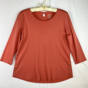 L.L. Bean Womens Top Pink 3/4 Sleeve Round Neck Side Buttons Keyhole Cotton M - Picture 1 of 8