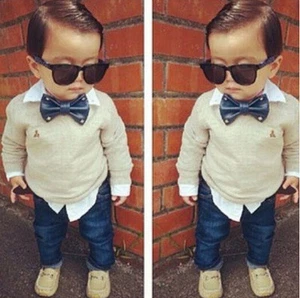 2PCS Baby Boys Dress Gray Shirt +Denim Pants Set Kids gentleman Clothes Outfits - Picture 1 of 2