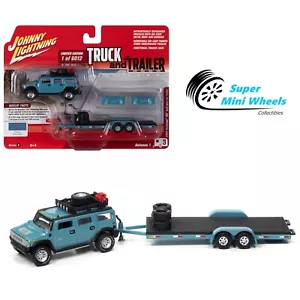 Johnny Lightning 1:64 Truck & Trailer Hummer H2 w/Open Trailer (Blue) - Picture 1 of 3