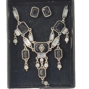 Art Deco Vintage Necklace and Earring Set NRT Avon Silver & Black Rhinestones - Picture 1 of 24