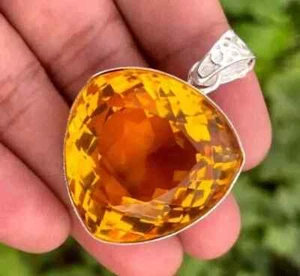 101.90 Ct Natural Yellow Citrine Trillion in Solid Silver Pendant Gemstone - Picture 1 of 7