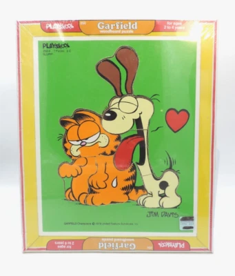 Vintage 1982 Playskool GARFIELD Woodboard Tray Puzzle / New in Package NOS - Image 1 of 3