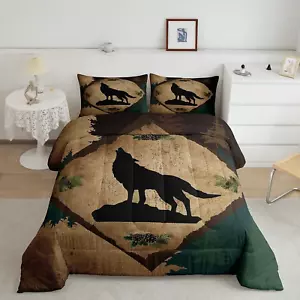 Wolf Silhouette Comforter Set Wild Animal Outdoor Pine Trees Decor Comforter ... - Picture 1 of 6