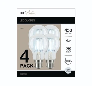 4 x Luce Bella 4W LED A60 Light Globes Bulbs Cool White 4000K B22 Bayonet BC - Picture 1 of 3