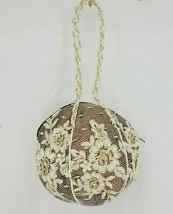 Unbranded Satin Lace Ball Handbag Small Purse Brown Gold Wedding Cocktail Womens - Picture 1 of 12