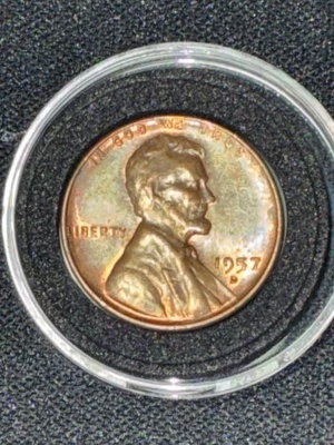 1957 D Toned Lincoln Wheat One Cent 1 c THE EXACT COIN SEEN IN THE PICTURE - Image 1 of 4