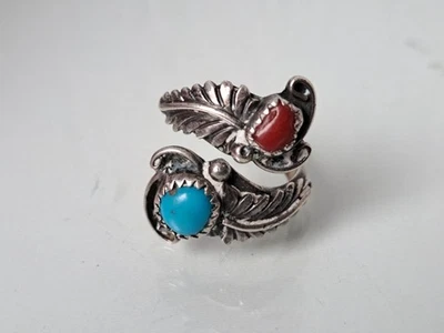 Bel Vecchio Anello, 925 Argento Con Corallo E Turchese, Indiano, Gioielli RB - Immagine 1 di 4