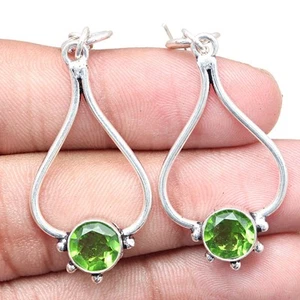 Peridot Quartz Gemstone Handmade Gift For Her Silver Jewelry Earrings 1.5'' - Picture 1 of 5