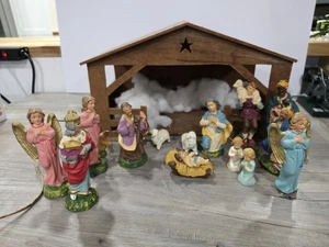 Vintage Fontanini Like Nativity Set Resin Figures Made In Italy Wooden Manger - Picture 1 of 10