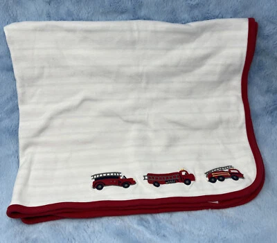 Gymboree vintage Fire Trucks cotton baby receiving blanket striped back red - Image 1 of 4
