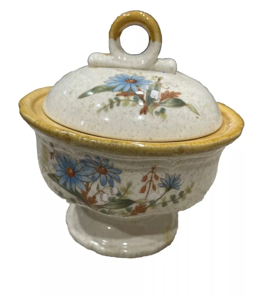 Plato de azúcar de gres vintage retirado Mikasa Blue Daisies Foto 1 de 4