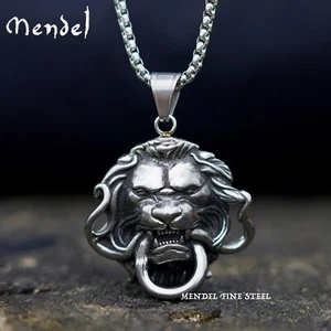 MENDEL Mens Snake Lion Necklace Pendant Head Stainless Steel King Chain Silver - Picture 1 of 6