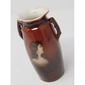 Vintage Vase With Portrait Of Lady Brown Porcelain Side Handles Ruffled Top Edge - Picture 1 of 9