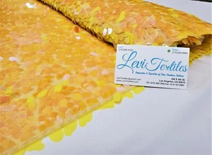 Iridescent Pearl Yellow Oval Tear Drop Sequins on Mesh Fabric Sold BTY -Mermaid  - Picture 1 of 12