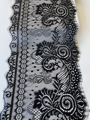 3 yardas pestañas florales negras malla francesa encaje ribete/costura/novia/8,5" de ancho Foto 1 de 4