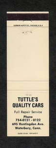 Tuttle's Quality Cars Waterbury CT Vintage Unused Front Strike Matchbook Cover - Imagen 1 de 1