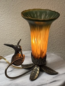 Tiffany Style Tulip Glass Lamp Amber Green Brass Hummingbird 7.5" - Picture 1 of 5