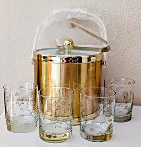 Secchiello ghiaccio vintage Culver oro con 4 bicchieri roccia stella oro 14 0z rocce. Nuovo - Foto 1 di 5