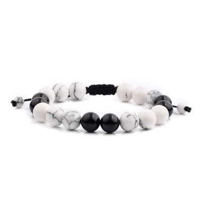Men's Polished Howlite and Onyx Stone Bead Adjustable Bracelet (10mm) - Image 1 of 4