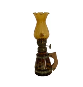 VINTAGE AMBER GLASS "LAS VEGS" LANTERN 8" OIL LAMP WITH SHADE AND WOODEN HANDLE - Picture 1 of 4