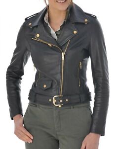Women Stylish Cafe Racer Genuine Lambskin Motorcycle Leather Jacket Black