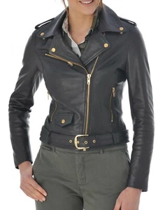 Mujer Elegante Café Racer Genuina Piel de Cordero Motocicleta Cuero Chaqueta Negra - Imagen 1 de 4