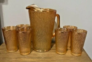 Vintage Jeanette Marigold Tree Bark Carnival Glass Pitcher & 6 glasses MINT - Picture 1 of 12