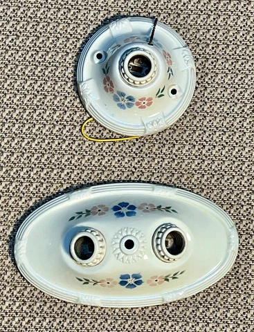 Set Vintage Porcelain 2 Bulb Light Fixture Beige with Blue & Pink Flowers 1940s Cover