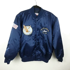 VTG USS LAKE CHAMPLAIN CV-39 CARRIER EMBROIDERED SATIN BOMBER JACKET Men's Sz L - Picture 1 of 6