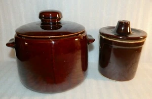 Set of 2 Vintage WEST BEND & USA Glazed Ceramic Bean Pot & Crock w/ Lids - Picture 1 of 12
