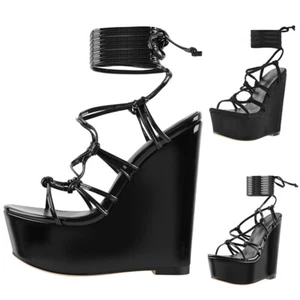 Mujer Open Toe Platform Wedge Heel Lace Up Stilettos Ankle Straps Sandalias sexys - Imagen 1 de 18