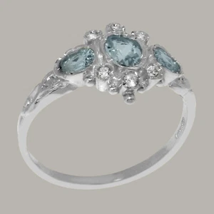 925 Sterling Silver Aquamarine Diamond Womens Trilogy Ring - Sizes J to Z - Picture 1 of 4