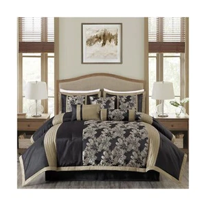 Chezmoi Collection Kelsey Comforter Set King Size, 7-Piece Black Gold Hibiscu... - Picture 1 of 9