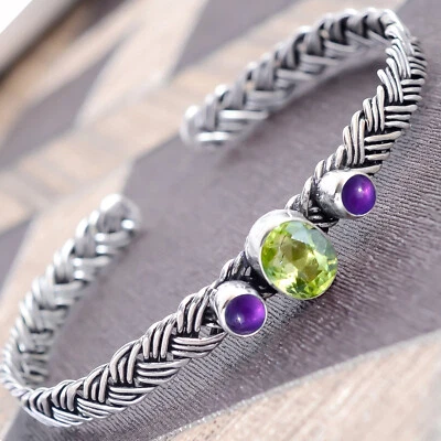 Peridot Cut, Purple Amethyst Gemstone Bracelet 925 Sterling Silver Bangle Cuff - Image 1 of 4