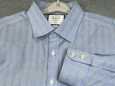 Charles Tyrwhitt Dress Shirt Mens 18 35 Blue Plaid Slim Fit Non Iron Cotton - Image 1 of 4