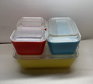 Vintage Pyrex 0503 0501 0502 Lot mit Deckel gelb blau rot Made in USA - Bild 1 von 13