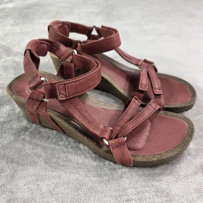 Teva Ysidro Wedge Sandals Womens Burgundy Leather Ankle Strap Comfort Shoes - Image 1 of 4