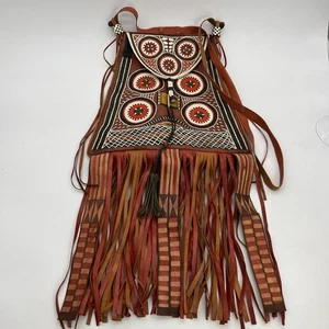 Bolso Taureg de cuero trapezoidal cosido a mano con flecos 2 compartimentos interiores de colección - Imagen 1 de 18