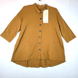 Neon Buddha Womens Button 3/4 Sleeve Tunic Top Size Medium Brown Lagenlook Boho - Picture 1 of 9