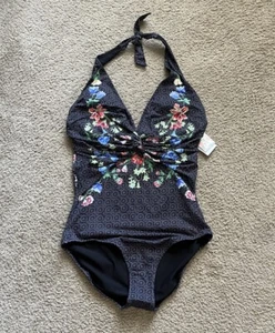 Johnny Was Black Floral One Piece Swim Suit Size 1X Halter Swimsuit New With Tag - Picture 1 of 5