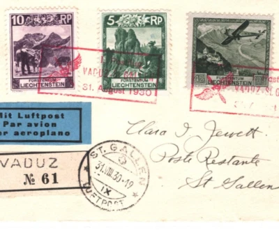 LIECHTENSTEIN Air Mail 1930 Cover Vaduz FIRST FLIGHT Switzerland St Gallen KA211 - Image 1 of 4