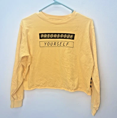 Mighty Fine 女式青少年“优先”长袖黄色作物上衣 L — 第 1/4 张图片