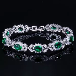 Charming Silver Plated Green CZ Oval Flower Tennis Chain Link Bracelet Jewelry - Picture 1 of 23