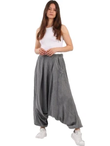 Pantalones Harén Italianos Lagenlook Algodón Lavado Ácido Bolsillo Dobladillo Elástico Talla Única - Imagen 1 de 7
