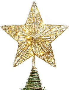 Christmas Tree Toppers, Glitter Gold Star Decor with Warm White LED Lights - Picture 1 of 9