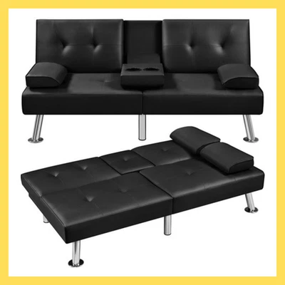Sofá cama de cuero sintético convertible futón sofá con 2 almohadas portavasos Foto 1 de 4