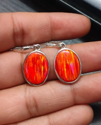 Orecchini in argento sterling 925 arancione fuoco aurora opale leva... - Immagine 1 di 4